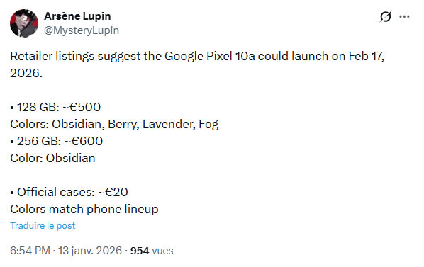 Google Pixel 10a leaks prix X Arsène Lupin